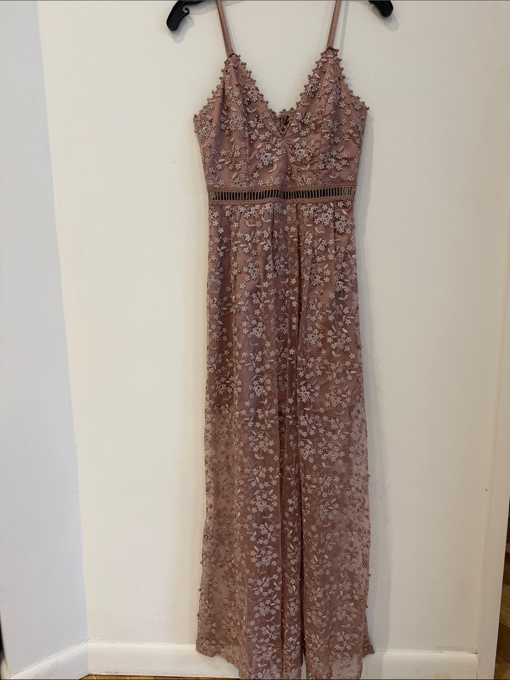 Aqua Dusty Mauve Floral Lace Maxi Dress